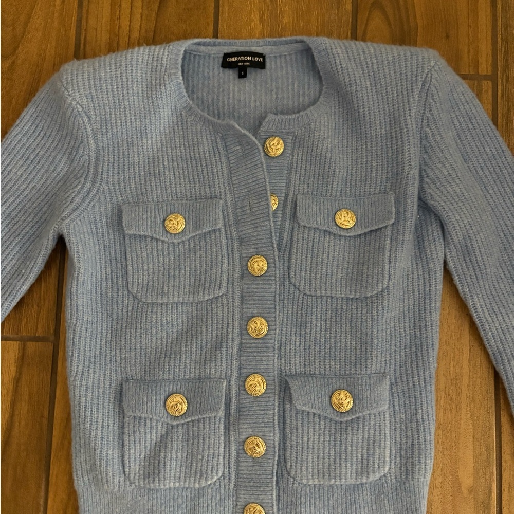 Generation Love Pale Blue Ribbed Cardigan with Decorative Buttons